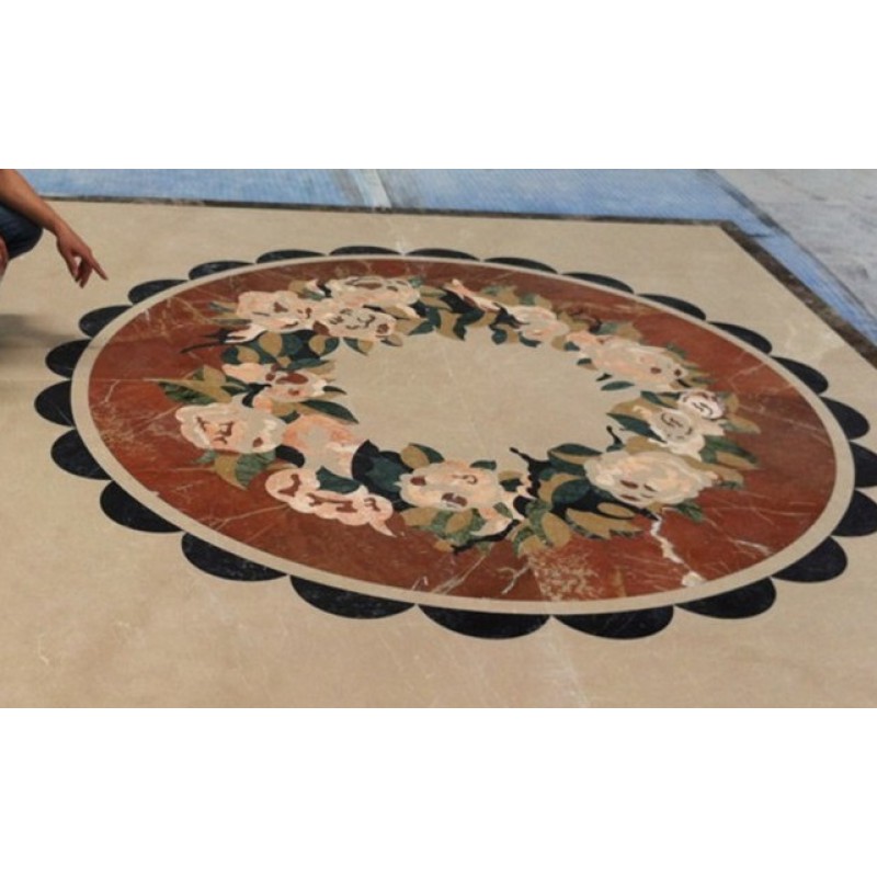 Natural Beige Water-jet Medallion Modern Flower Marble Floor Design Size For Luxury Hotel Lobby Flooring