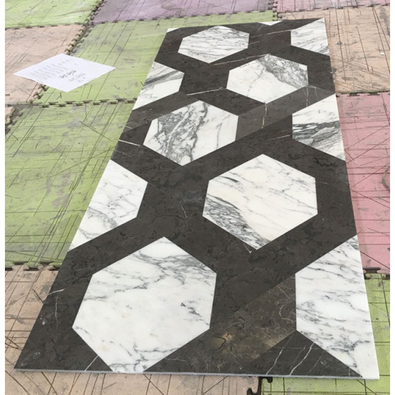 Waterjet Cut Hexagon Marble Floor Inlay Design Pattern