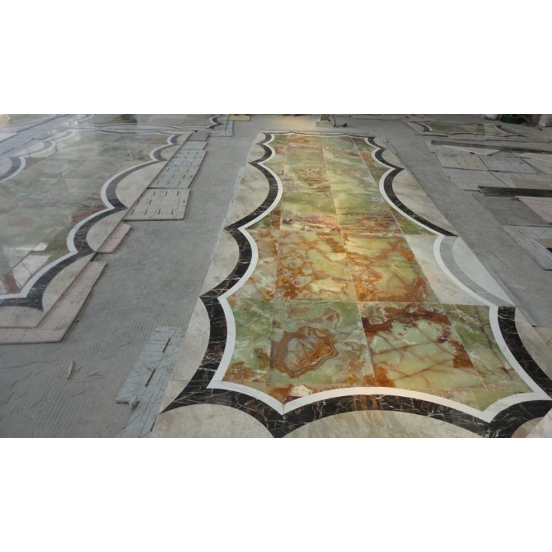 Hotel Lobby Marble Flooring Design Pakistan Green Onyx Medallion Inlay