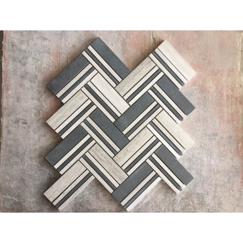 Black Basal And White Travertine Shape Natural Stone Marble Mosaic Tile For Wall And Floor Decoration