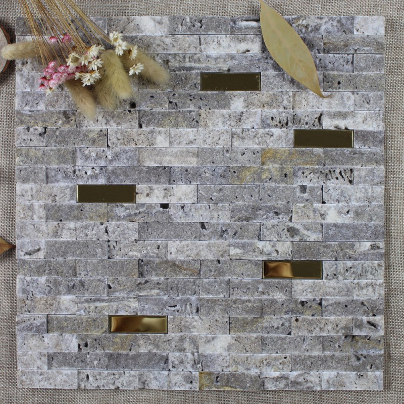 Gray Travertine Split Face Stone Marble Brass Mosaic Tile