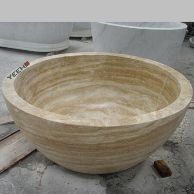 Bathroom Natural Stone Bath Tub Round Bowl Shape Polished Travertine Bathtub