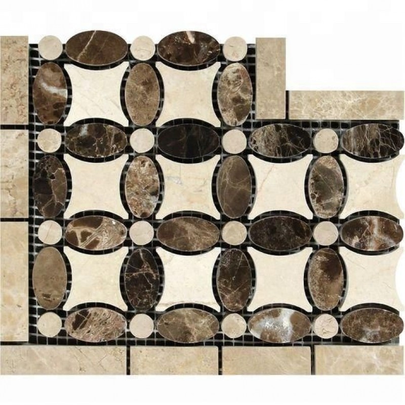 Emperador Dark Marble Polished Florida Flower Border Corner Listello W/ Crema Marfil Dots