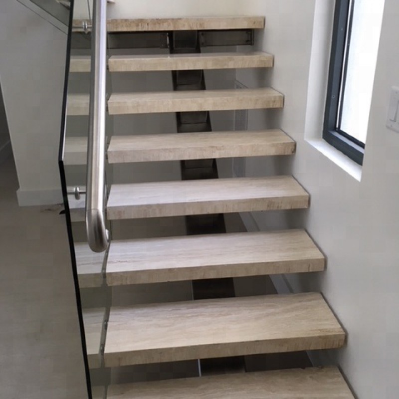 Interior Modern Stainless Steel And Granite Stairs With Nice Looking Travertine Stone Tread