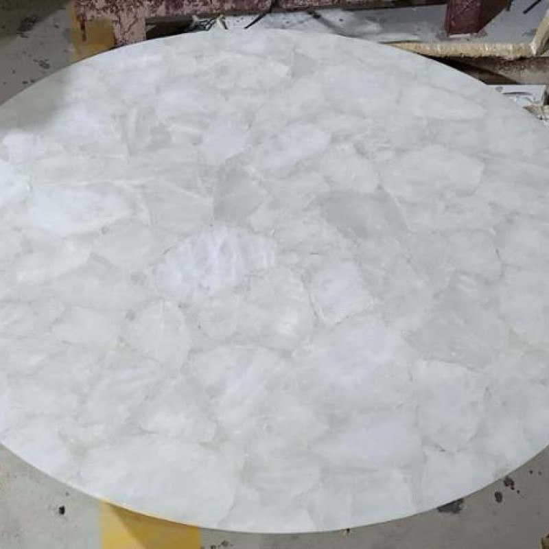 White Crystal Precious Backlit Agate Stone Round Dinner Table Tea Top White Marble Natural Stone Top