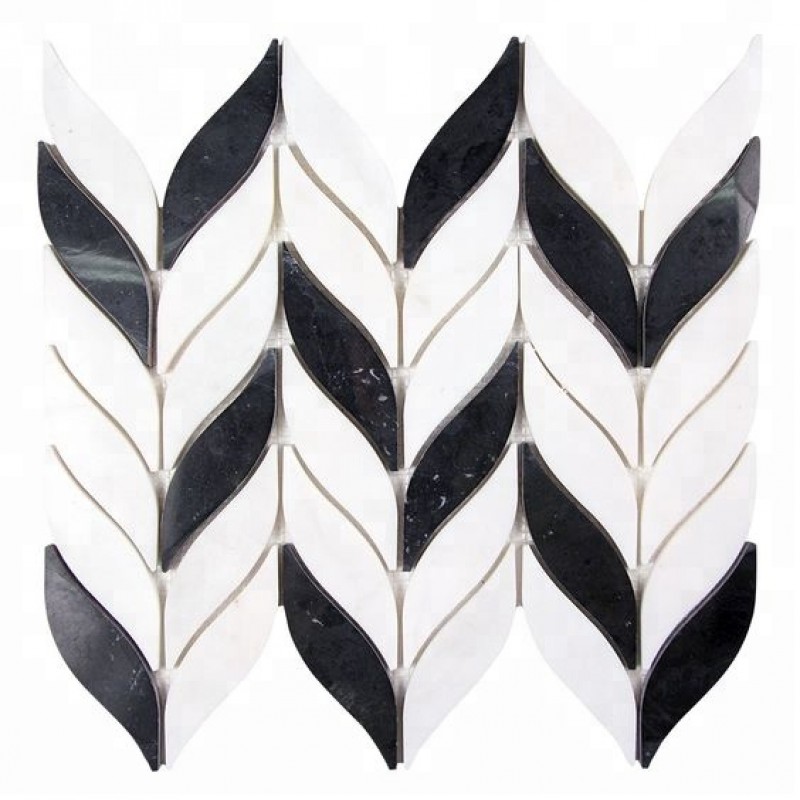 New Elegance Black And White Mix Waterjet Marble Leaf Mosaic Tile